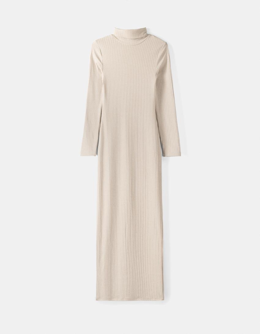 Ribbed knit high neck dress with long sleeves-Sand