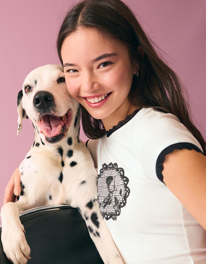 Camiseta manga corta contraste encaje-Blanco roto