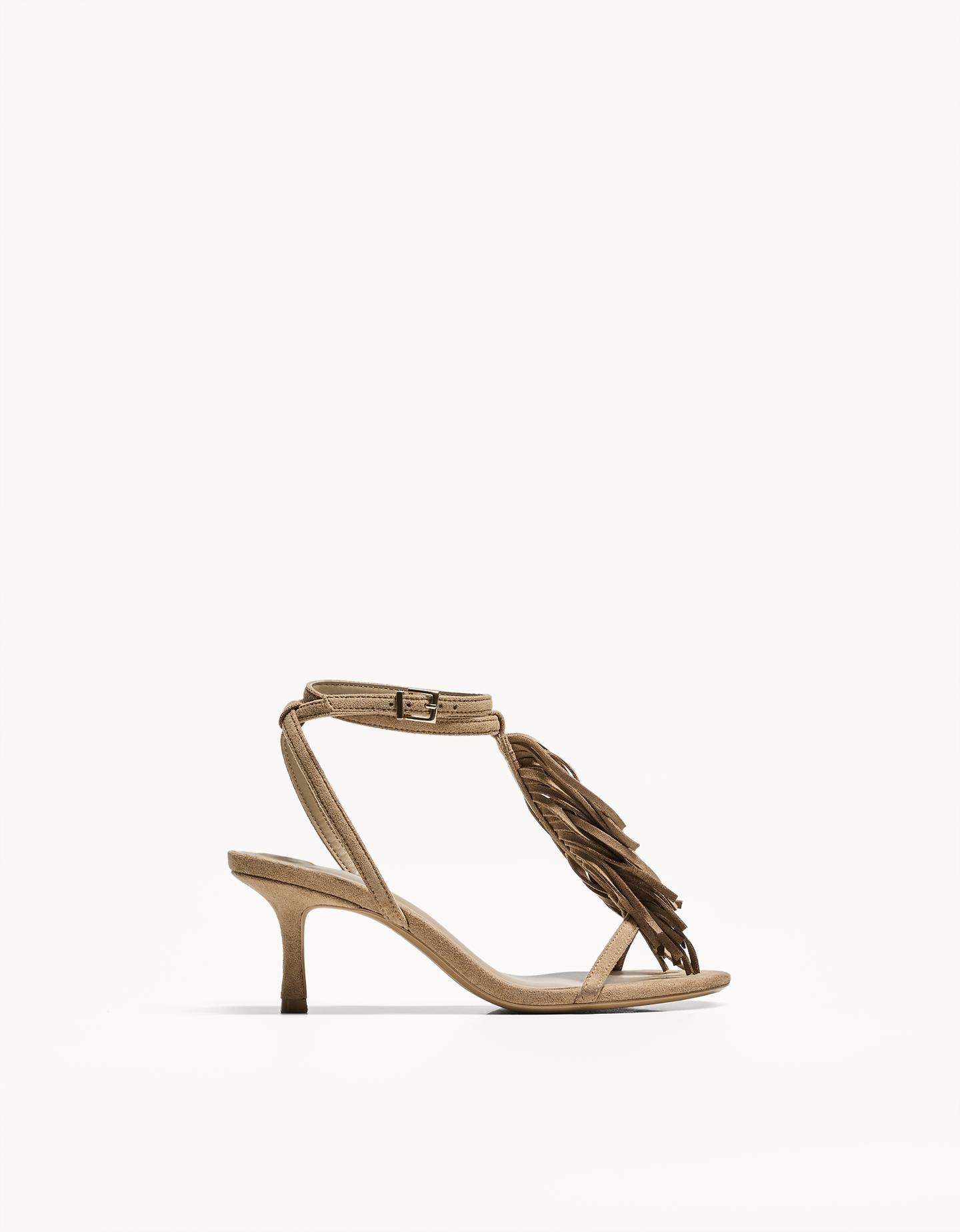 Bershka Sandalia Tacón Kitten Flecos Mujer 37 Arena