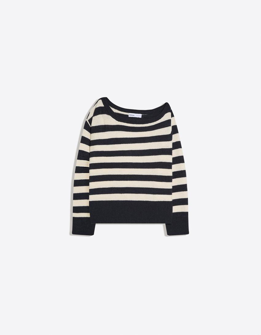 Asymmetric rustic stripe jumper-Blue