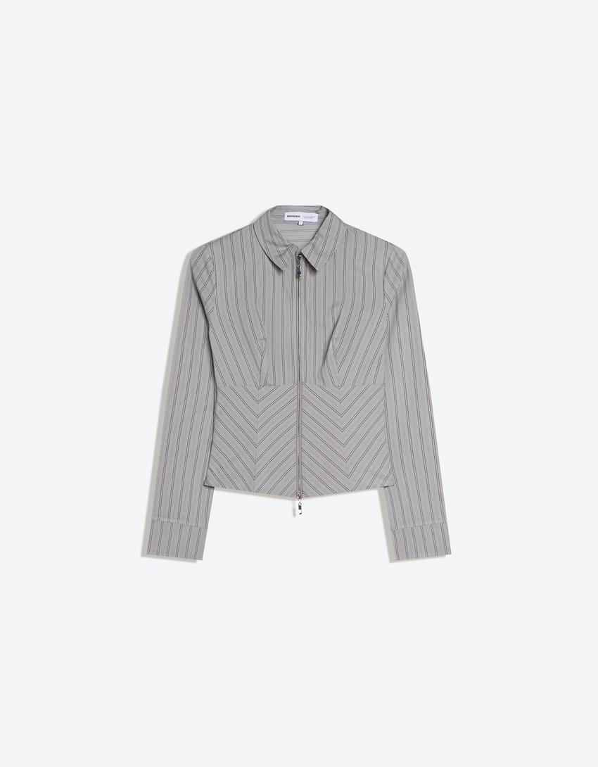 Long sleeve zip-up shirt-Grey