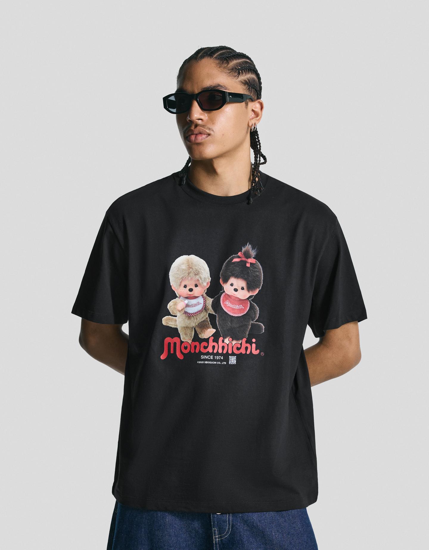 Bershka koszulka monchhichi z krótkim rękawem z filtrem cyfrowym czarny