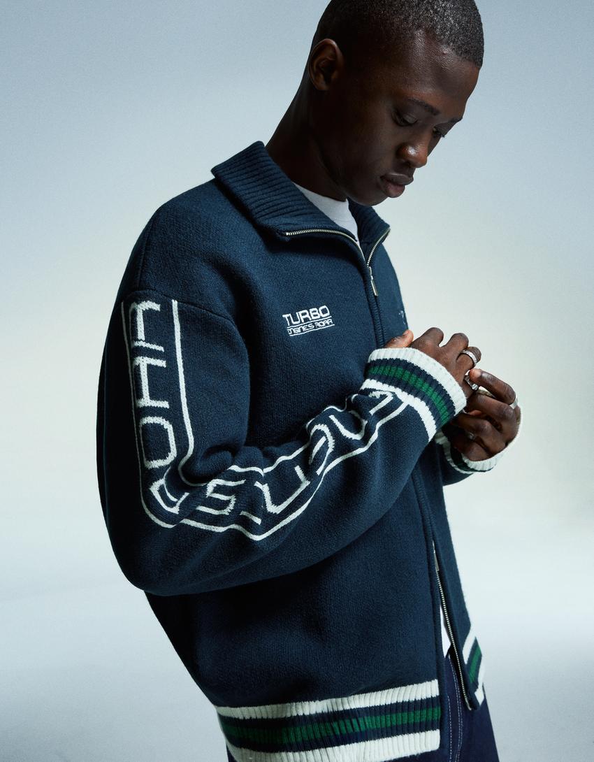Veste zippée brodée-Bleu