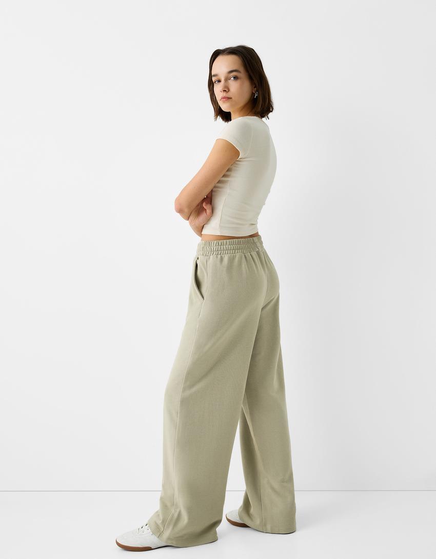 بنطلون من نسيج البلش بساق عريضة-كاكي-3