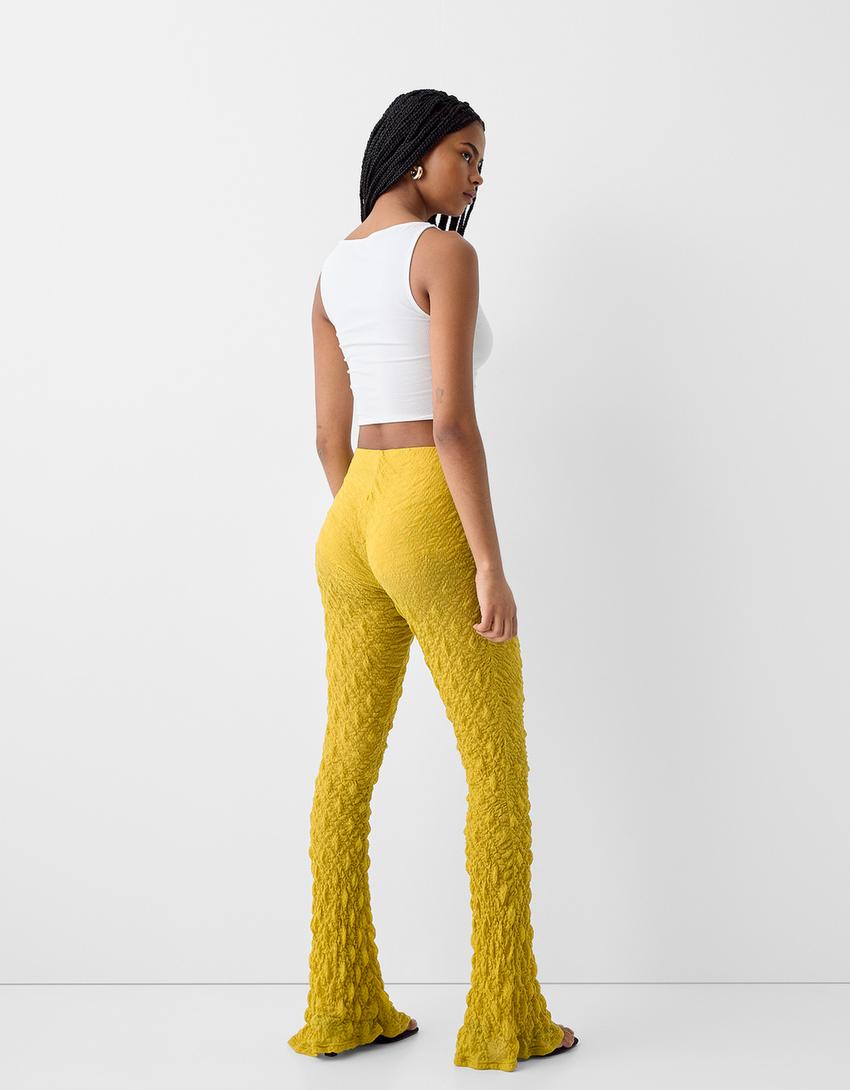 Calças flare jacquard efeito de waffle-Verde limão-2