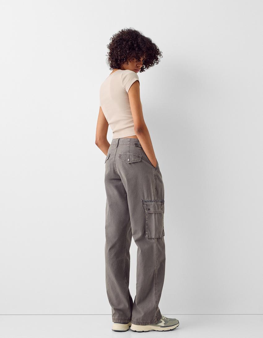 Calças straight cargo ajustáveis algodão-Cinzento-escuro-2