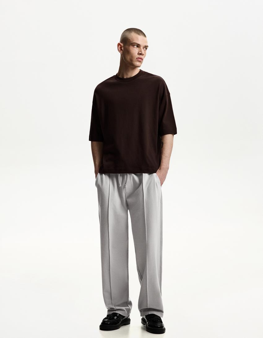 Textured wide-leg trousers-Grey
