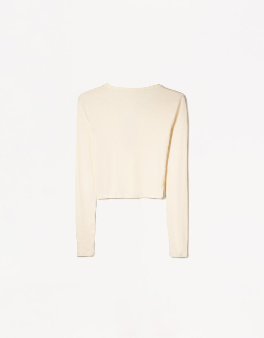 Long sleeved button neck top-Beige-5
