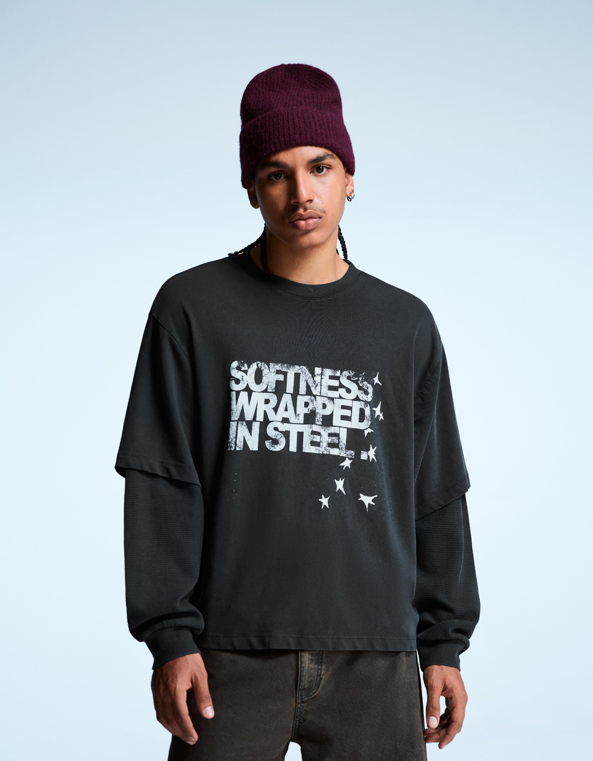 Bershka T-Shirt Mit Doppelärmel-Print Herren Xl Grau