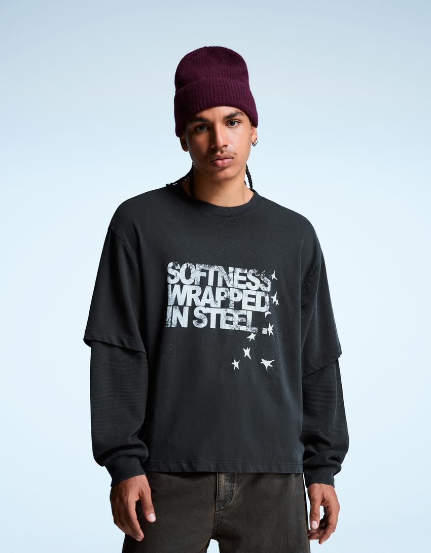 T-shirt double manche imprimé-Gris