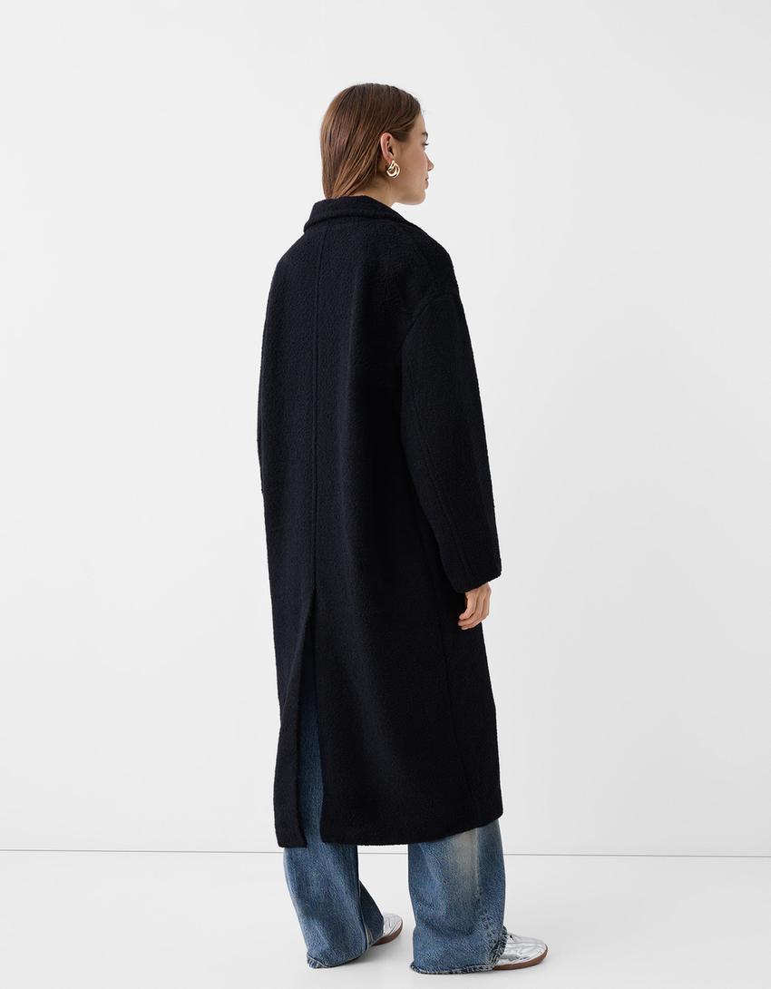 معطف طويل بوكليه بصف أزرار مزدوج-أزرق داكن-2