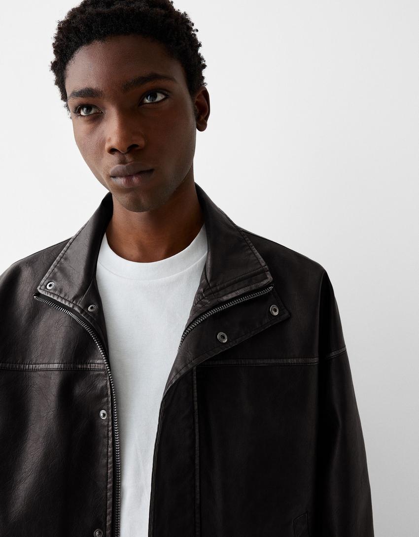 Blouson oversize similicuir effet usé-Noir-2