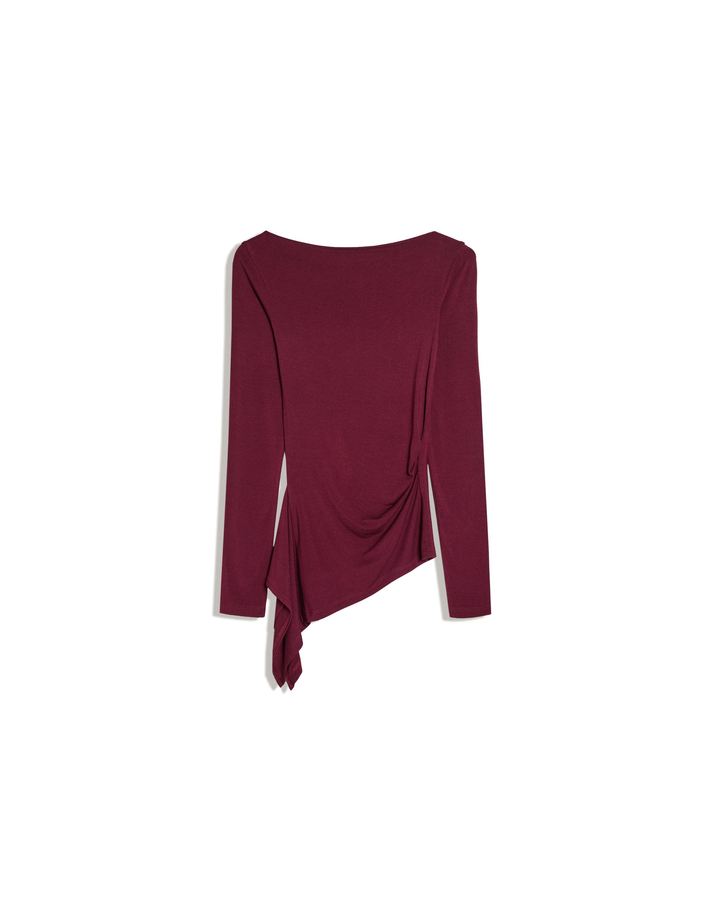 Long sleeve asymmetric gathered T-shirt — Burgundy