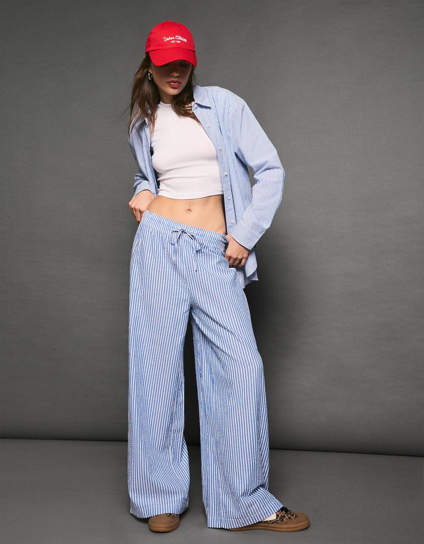 Straight-leg striped trousers with elasticated waist-Blue-0