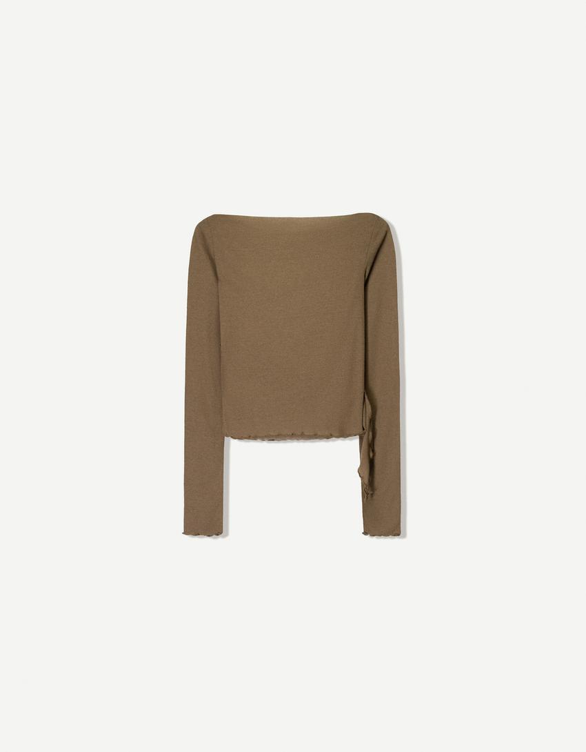Tricou cu mânecă lungă cu volane-Kaki-4