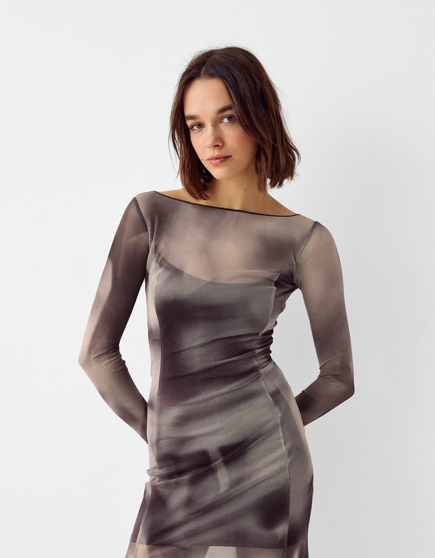 Vestido manga comprida máxi-Areia-1