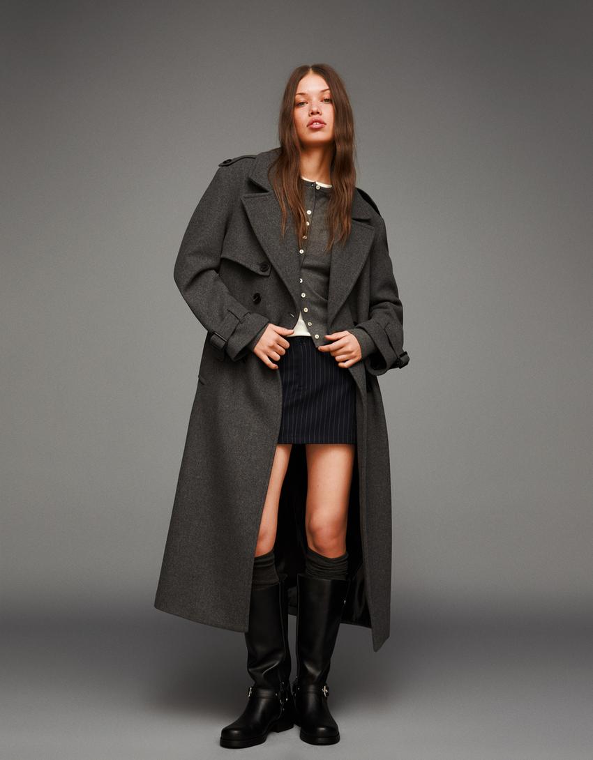 Trench-coat oversize en laine-Gris