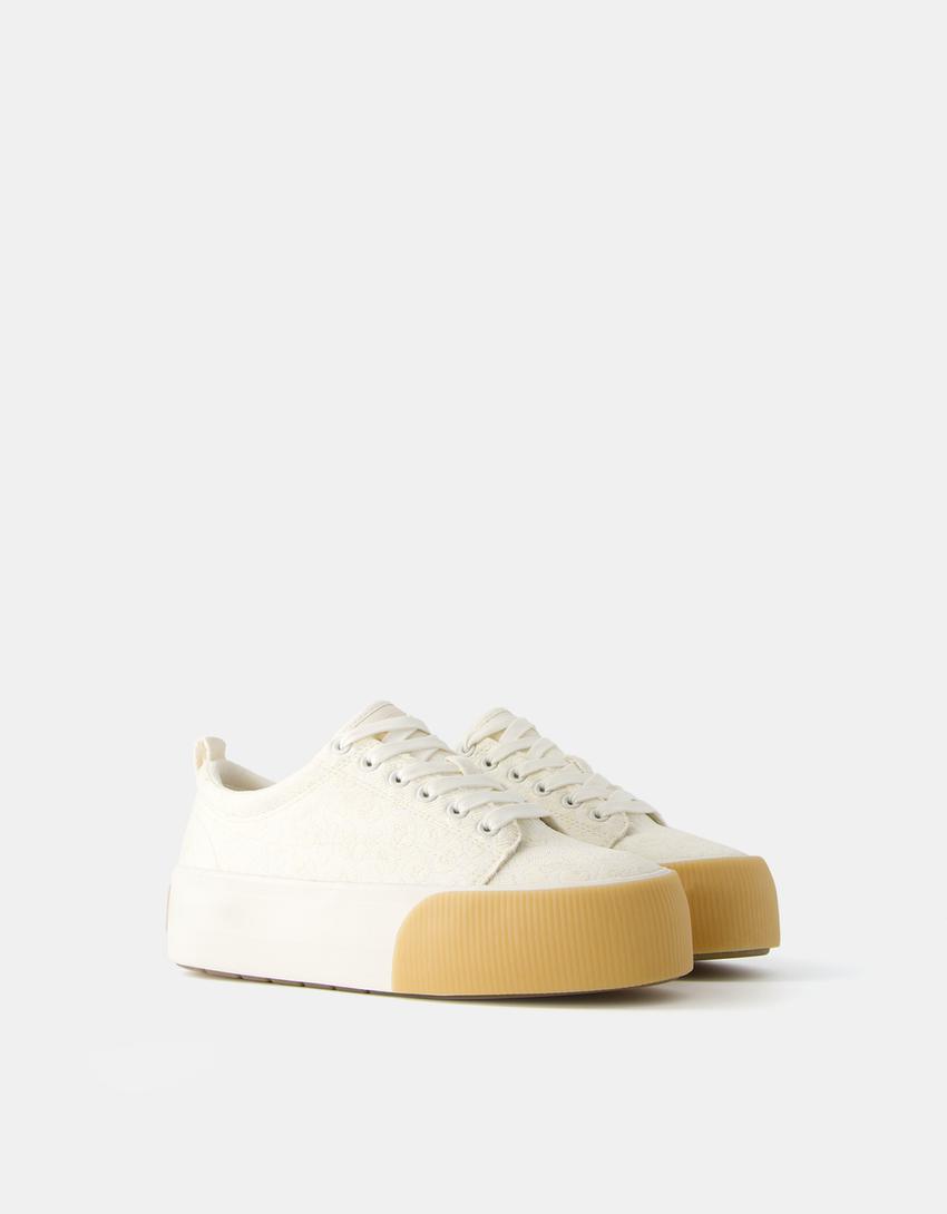 Sneakers plateforme brocarts et bout caramel-Écru-2