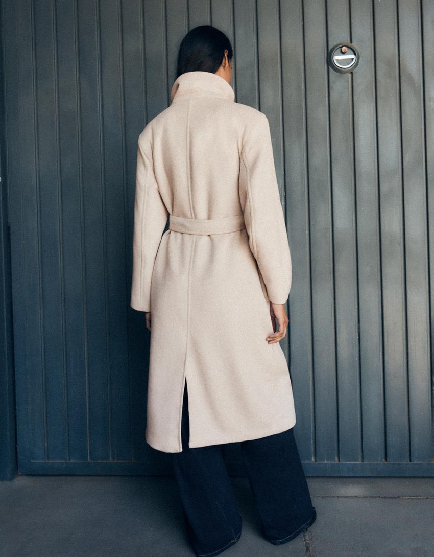 Long funnel neck belted coat-Sand