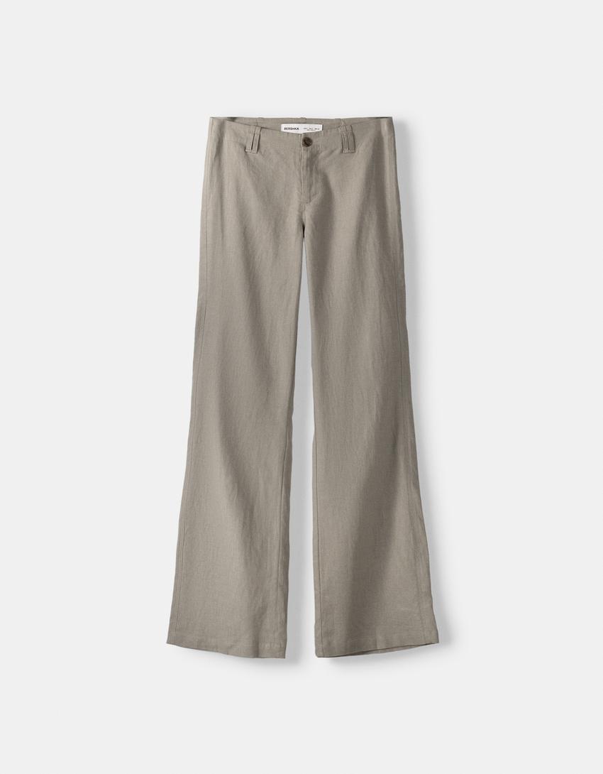 Flared trousers with linen-Khaki-4