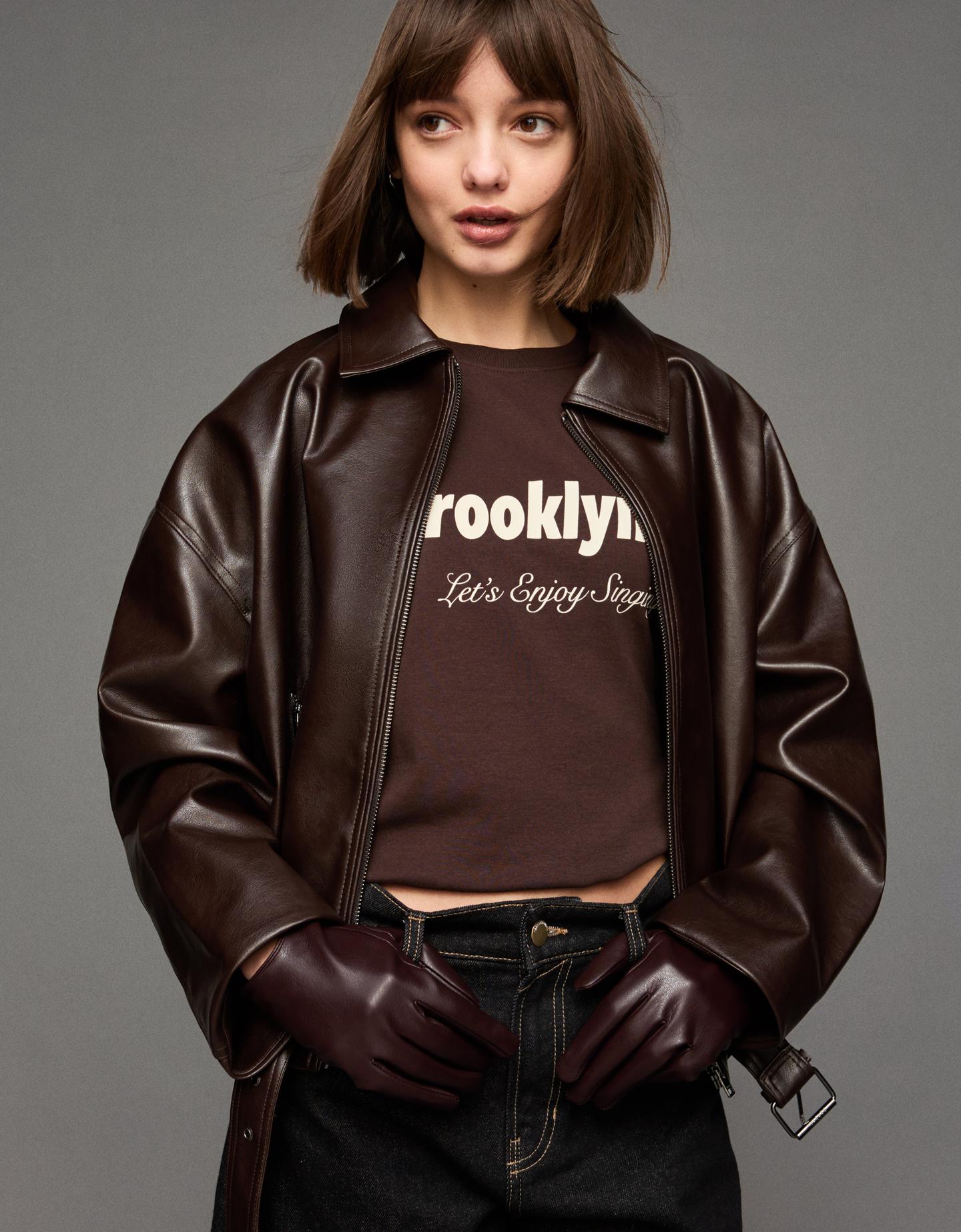 Bershka rękawiczki ze sztucznej skóry brązowy