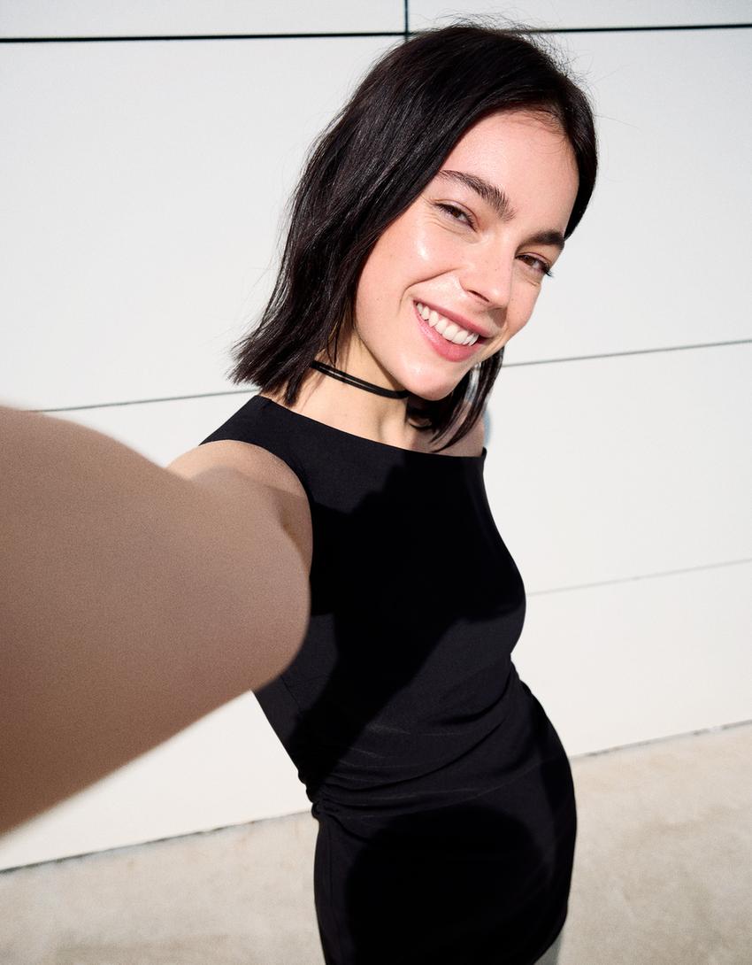Stretch mini dress with Bardot neckline-Black