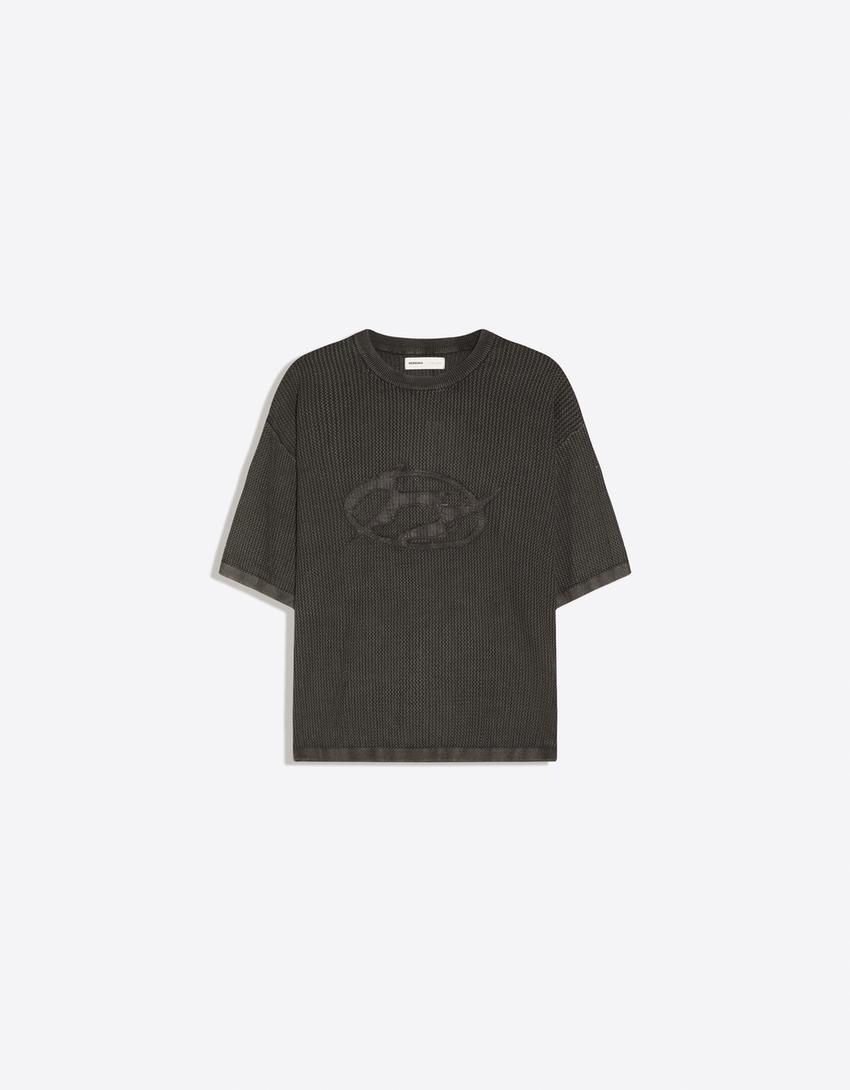 Short sleeve wash-effect patch T-shirt-Grey