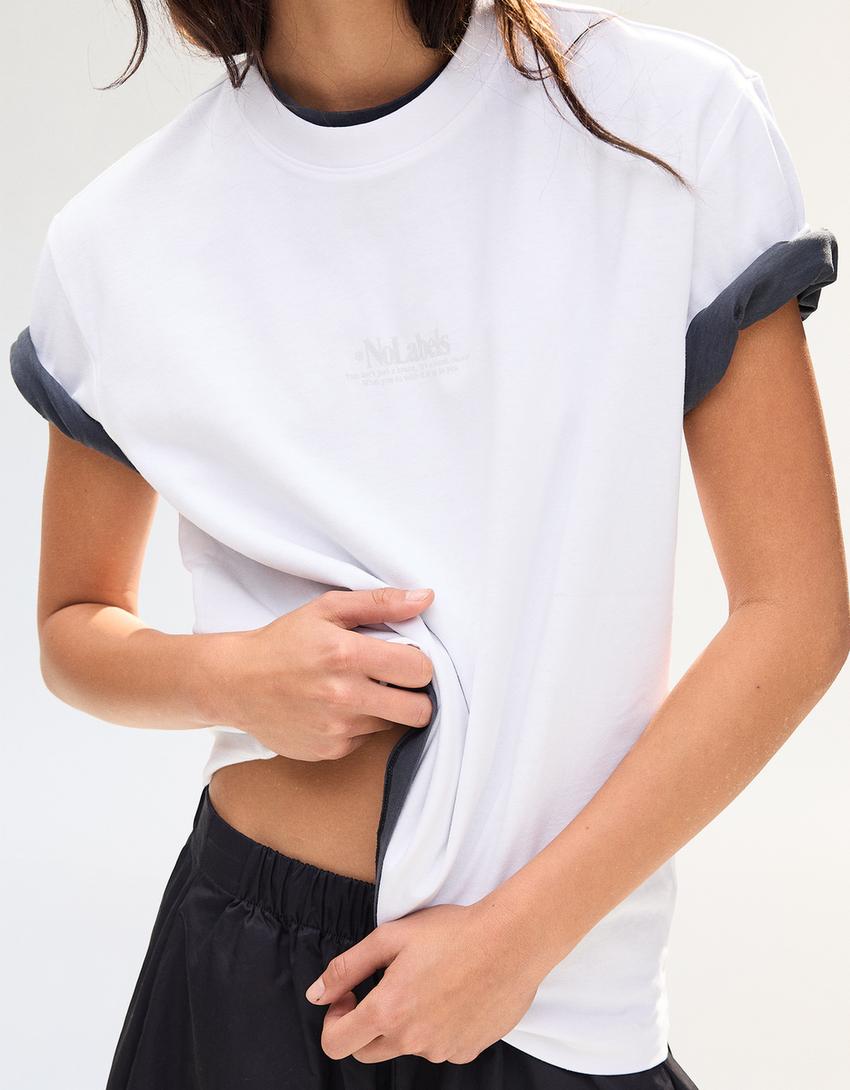 Short sleeve roll-up print T-shirt-White