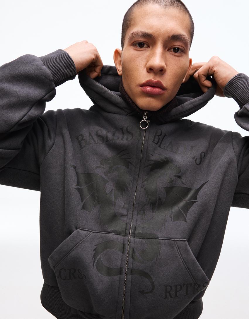 Printed boxy zip-up jacket-Grey