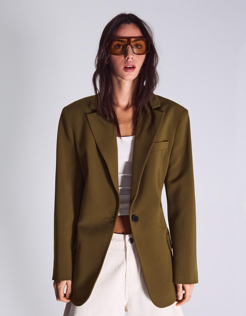 Arkası tokalı blazer-Haki