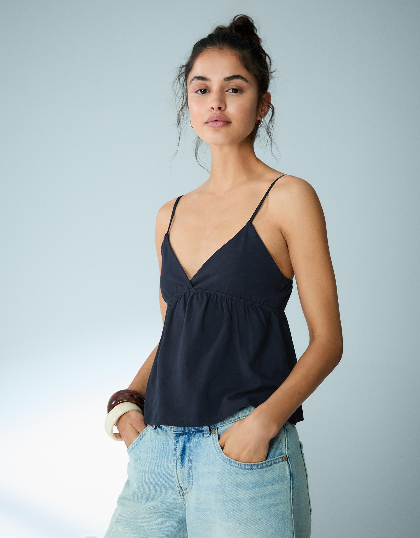 Bershka top na ramiączkach z baskinką granatowy