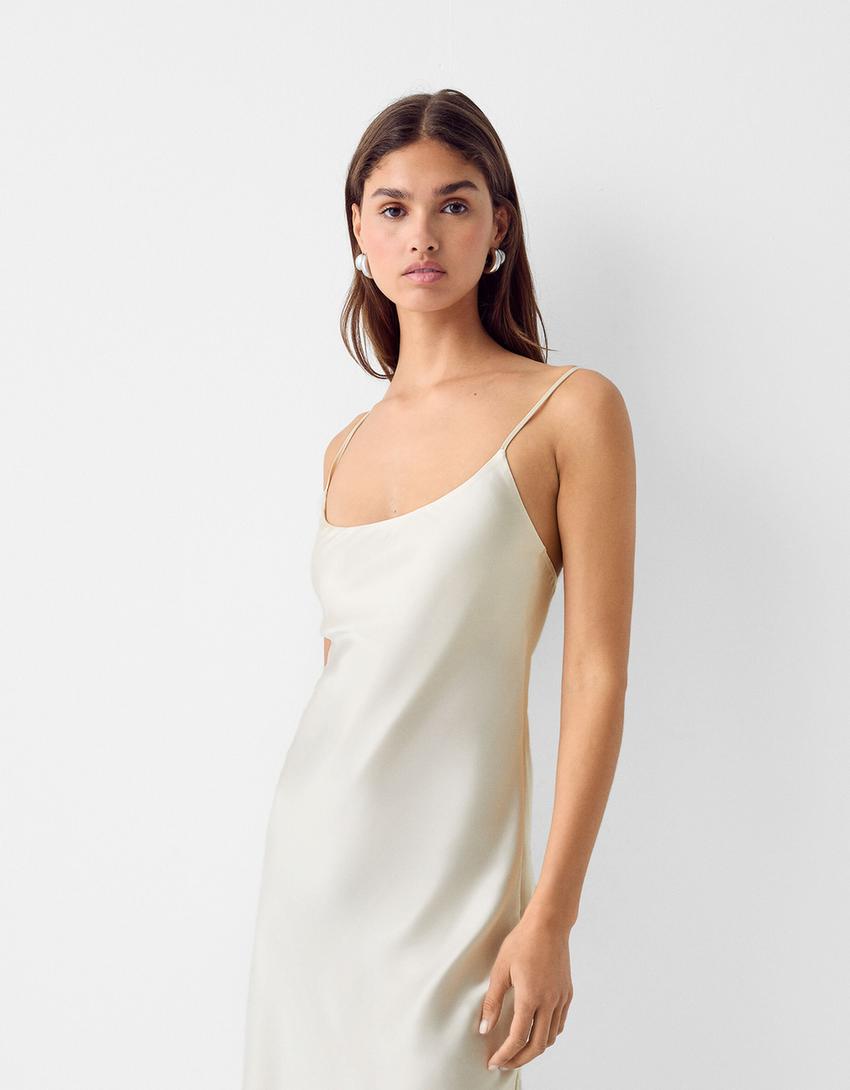 Satin midi dress-Off white