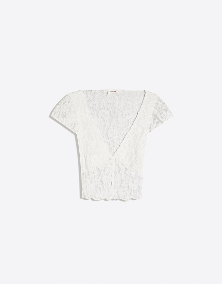 Short sleeve lace top-Cream