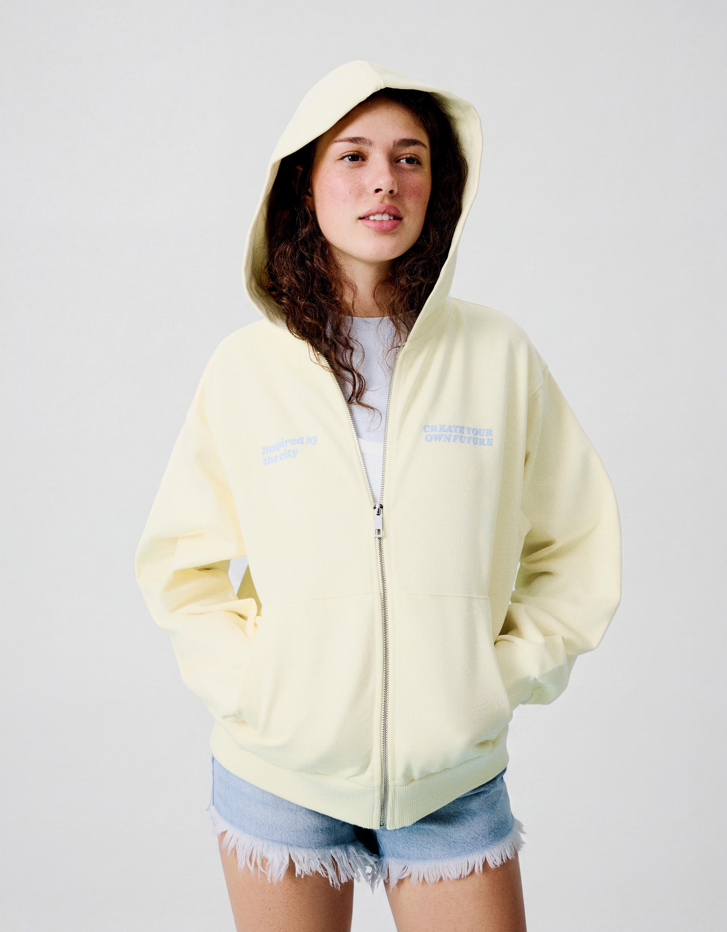 Oversize zip-up hoody with print — Yellow