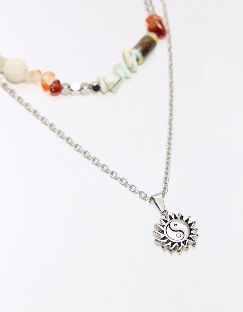 Collier pierres et acier inoxydable-Marron