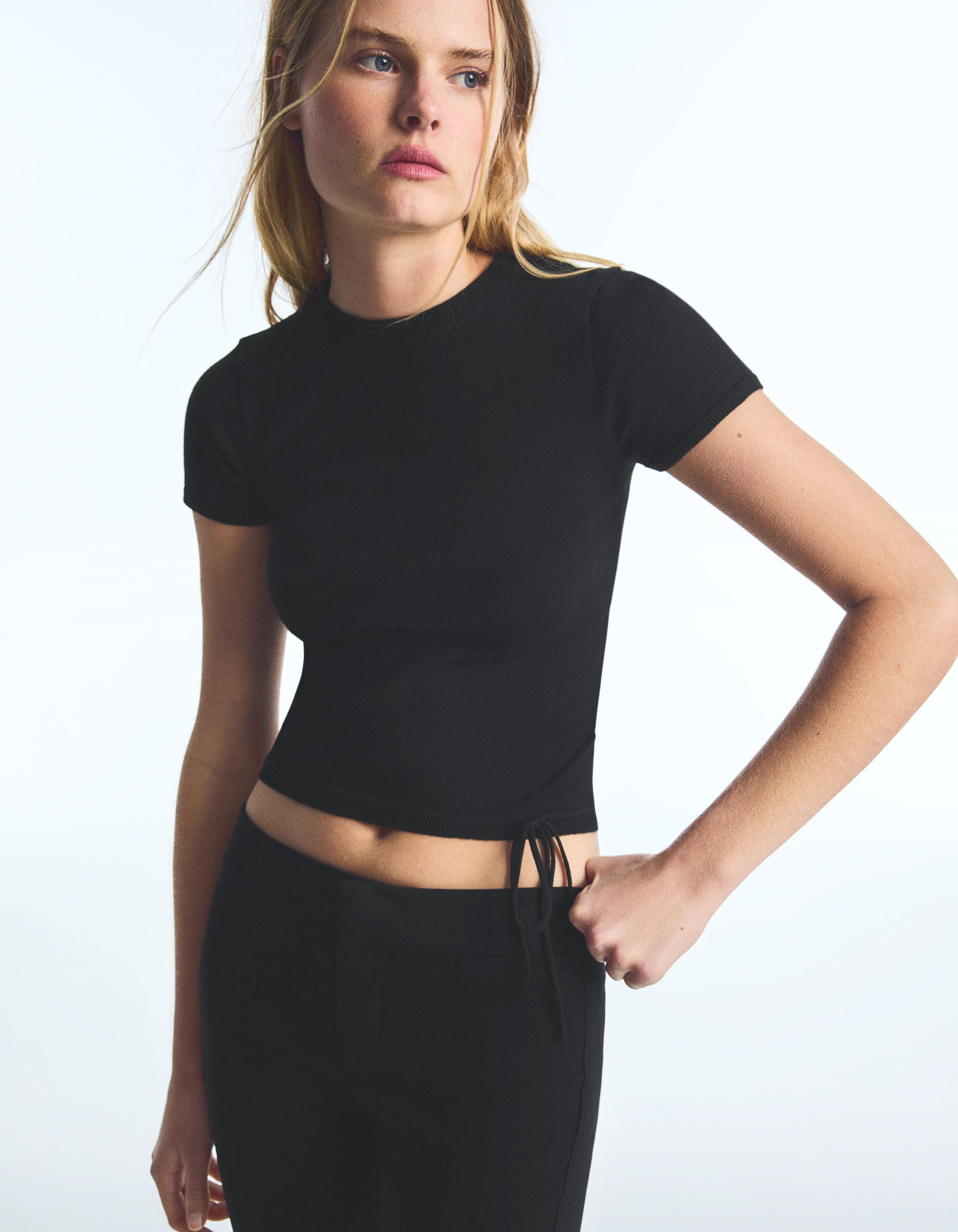 Bershka Jersey Punto Manga Corta Cuello Redondo Mujer Negro