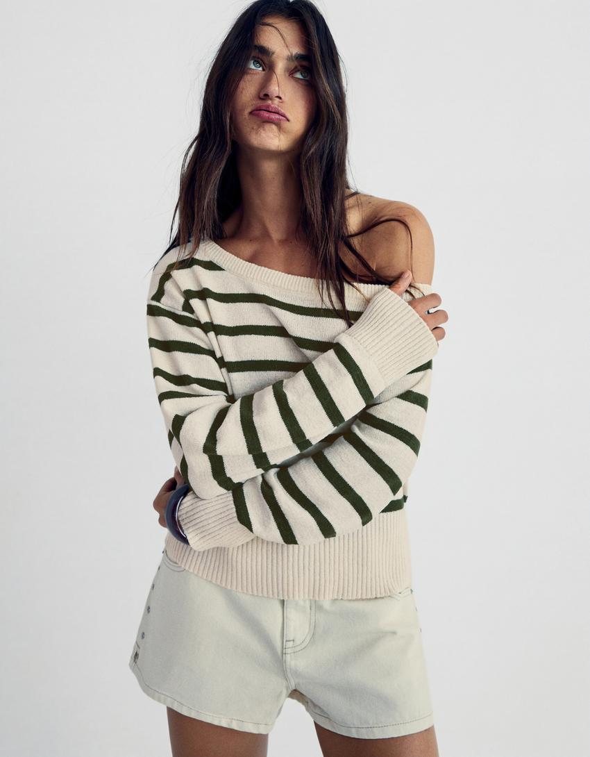 Свитер асимметричного кроя в стиле рустик в полоску-Зеленый