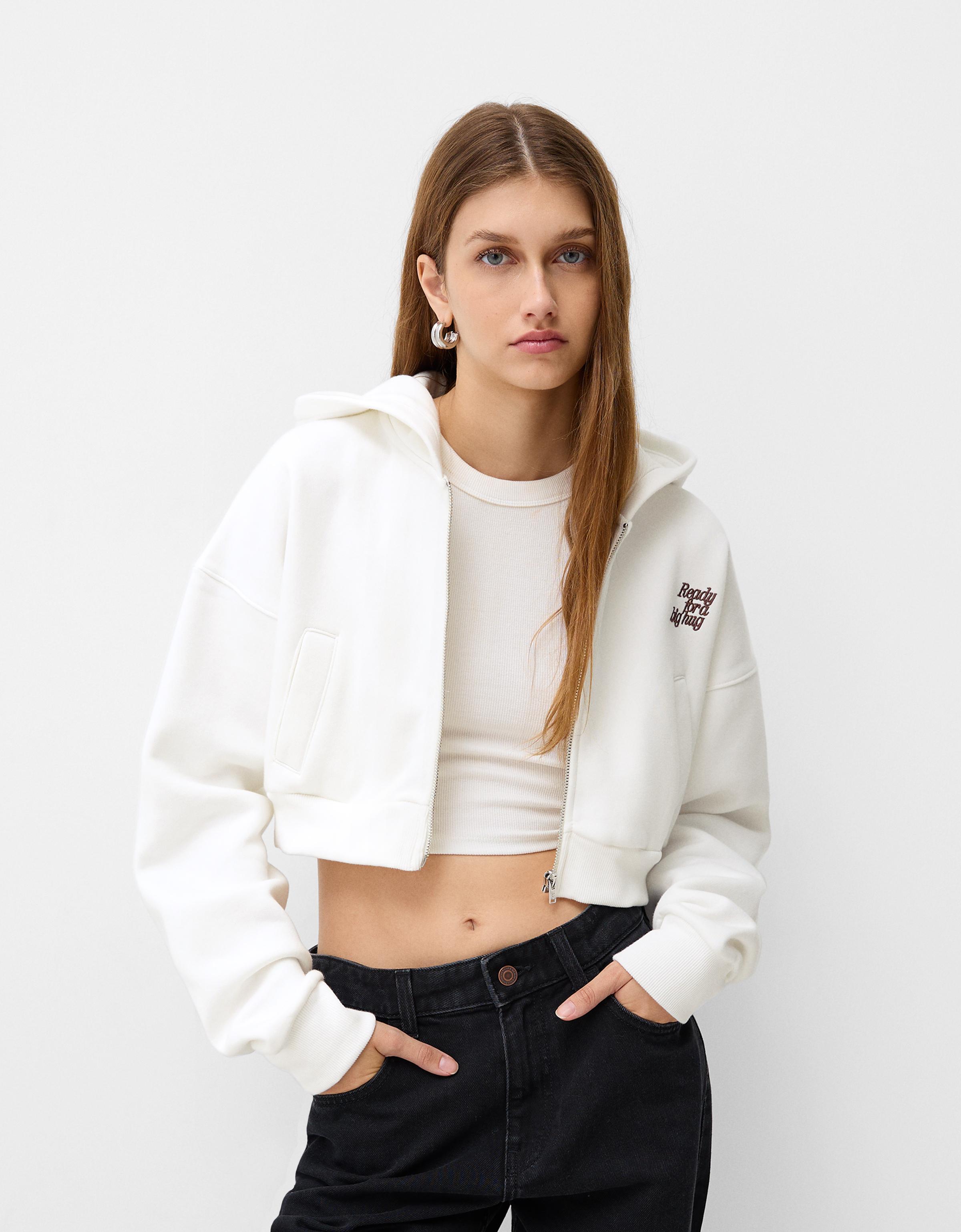 Bershka Cropped-Hoodie Mit Reißverschluss Damen S Grbrochenes Weiss