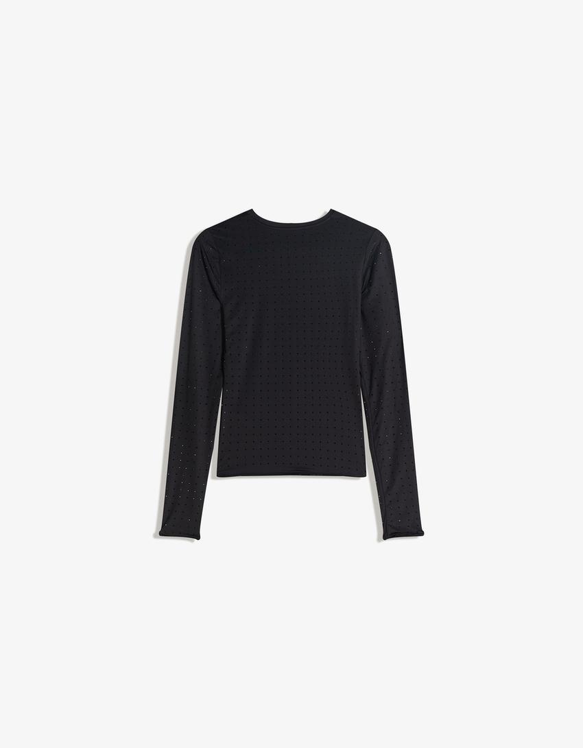Camiseta manga longa strass-Negro