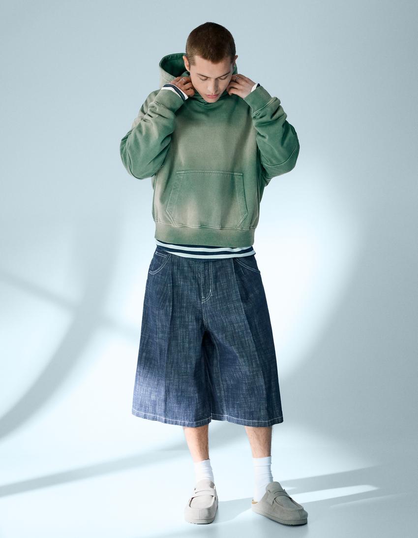 Boxy fit kapüşonlu yıkamalı sweatshirt-Yeşil