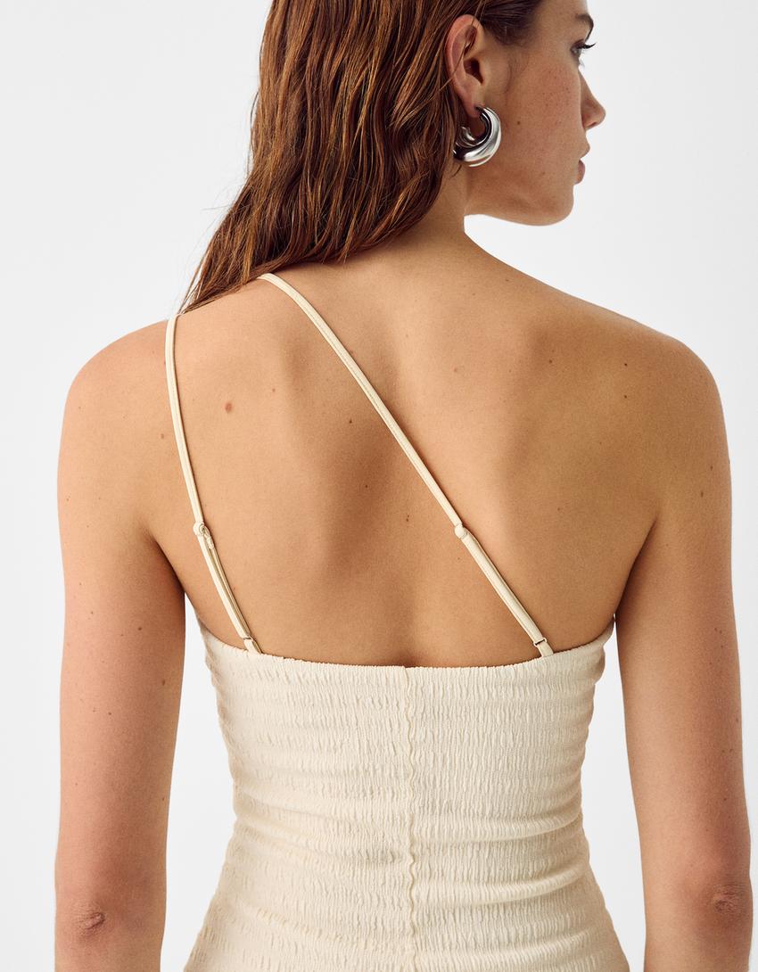 Waffle-knit asymmetric midi dress-Beige-5