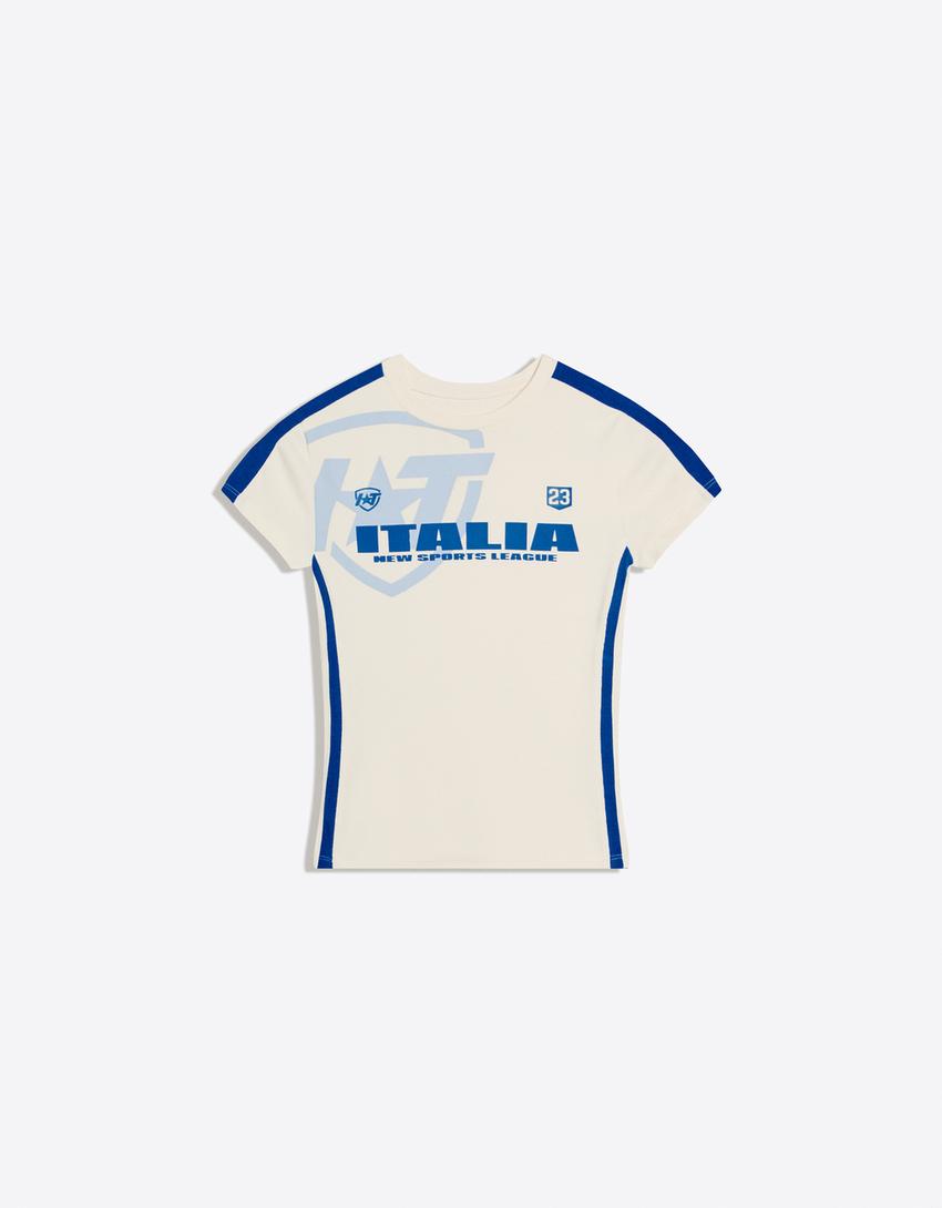 Kısa kollu spor baskılı tişört-Kirli beyaz