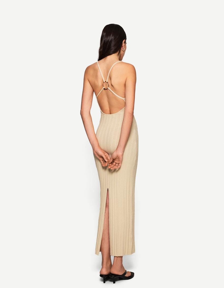 Strappy midi dress with ring detail-Cream