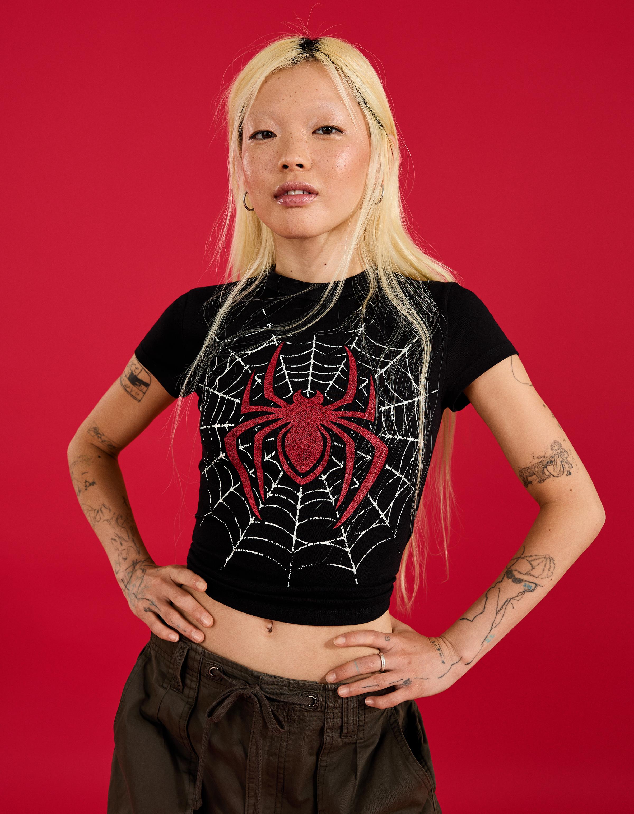 Bershka Camiseta Ajustada Spider-Man Mujer L Negro