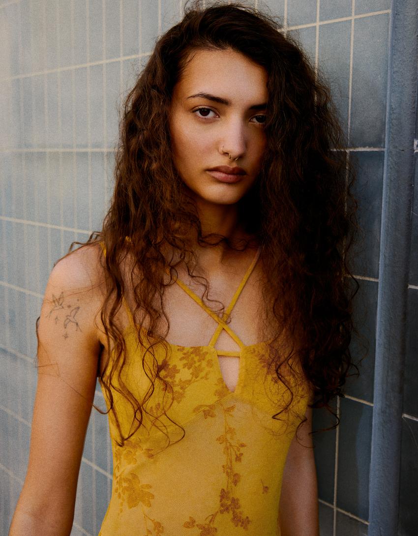 Flocked tulle strappy midi dress-Mustard