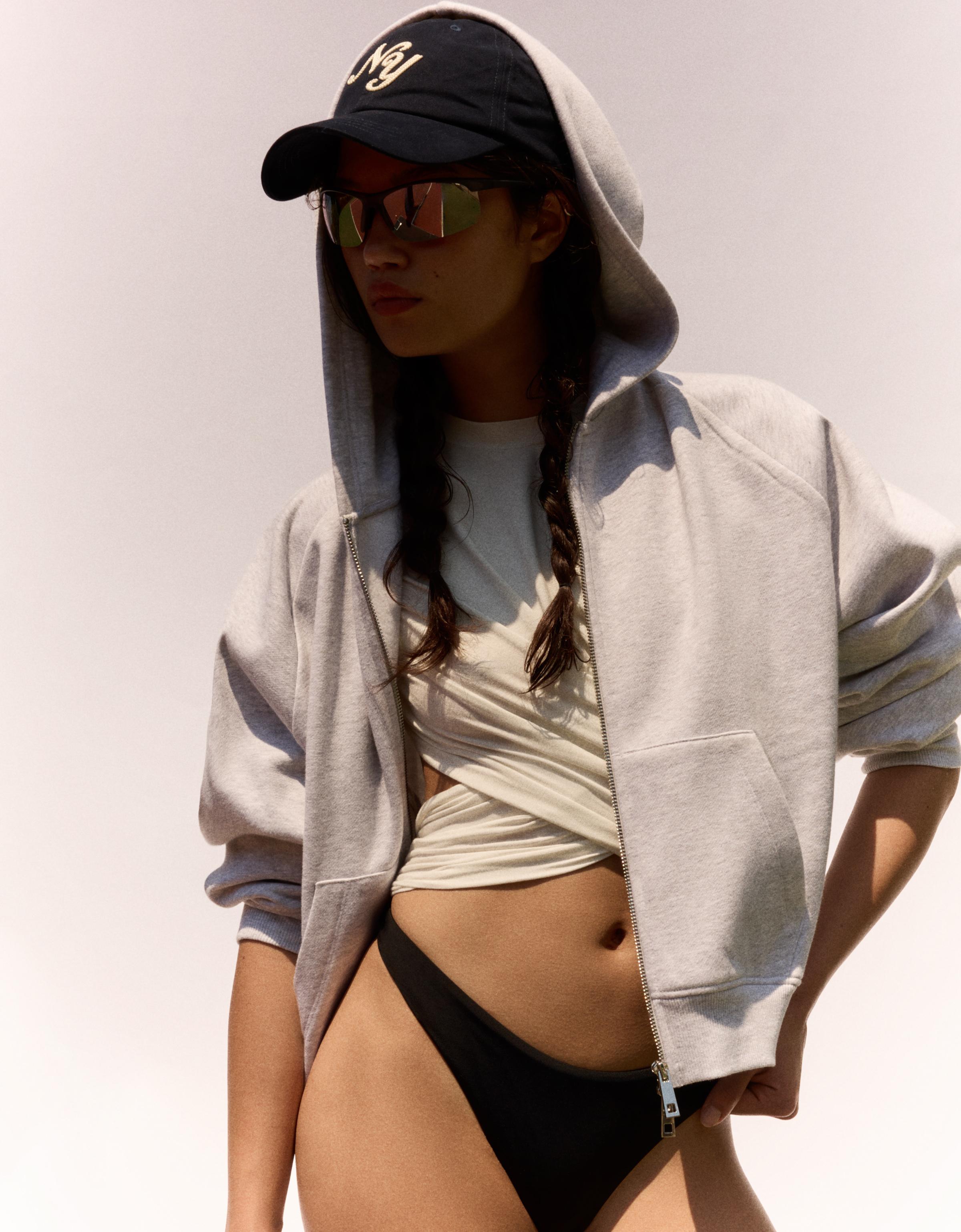 Chaqueta Capucha Cremallera Felpa Mujer L Gris