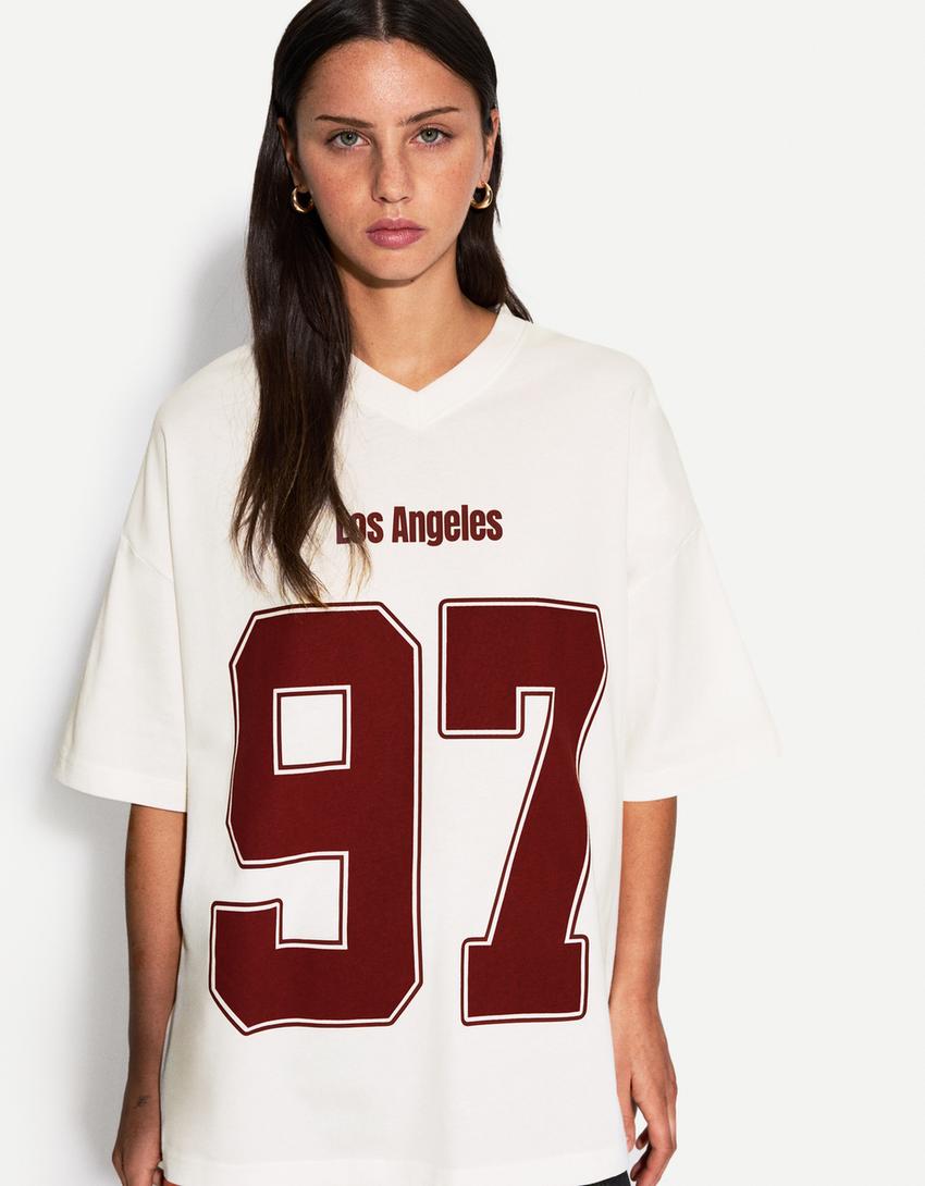 Printed short sleeve V-neck T-shirt-Off white-2