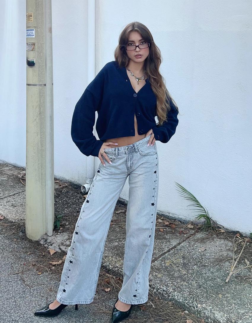 Baggy jeans with stars and studs-Grey