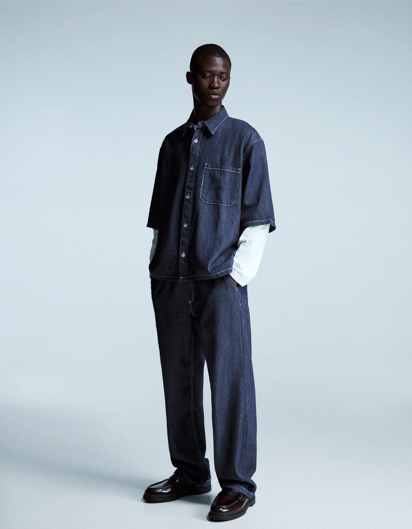 Camisa denim manga corta-Marino