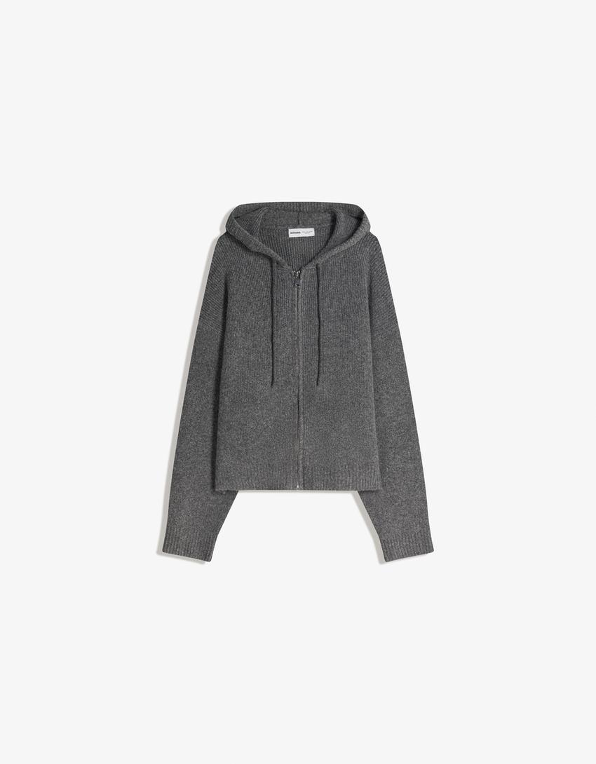 Hooded zip-up cardigan-Grey